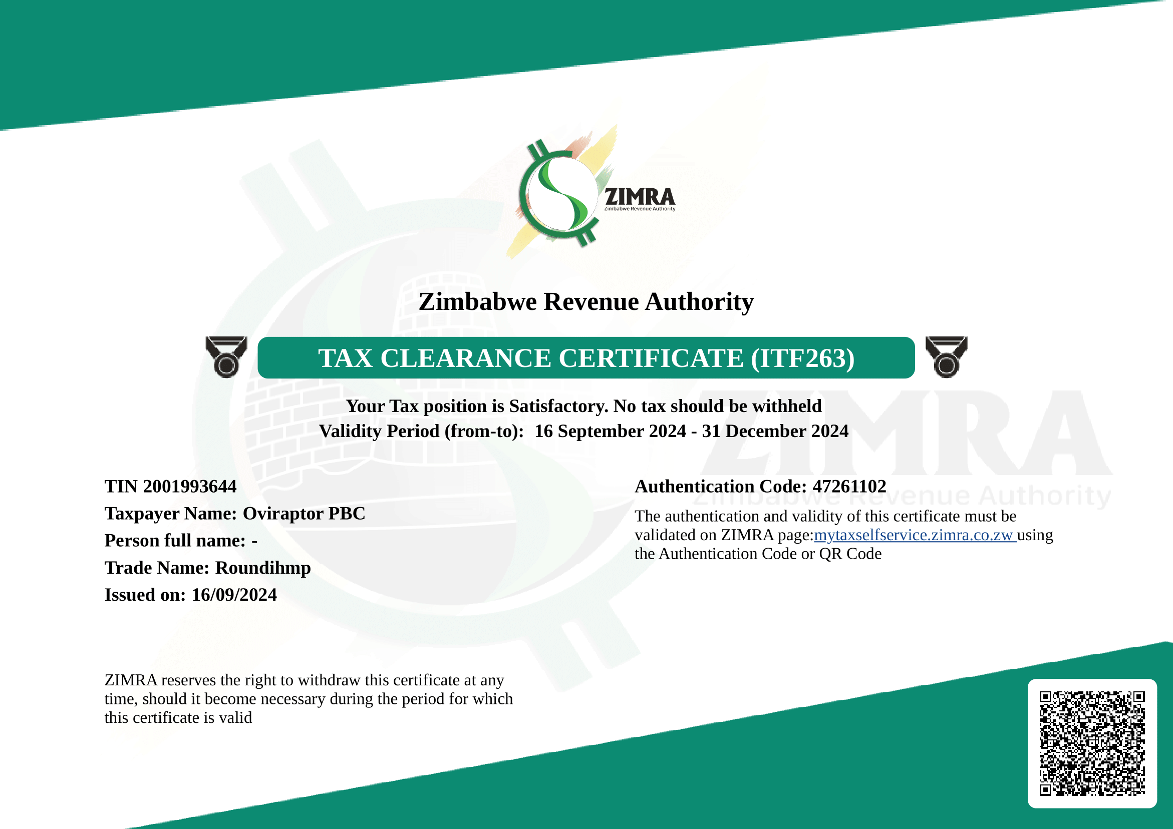 ZIMRA Tax Clearance Certificate